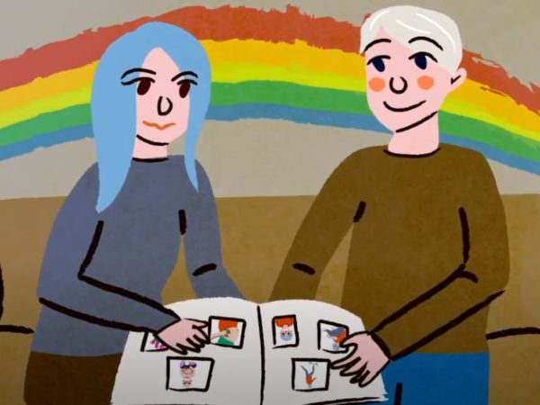 Animasjon, par sitter med fotoalbum, regnbuebakgrunn